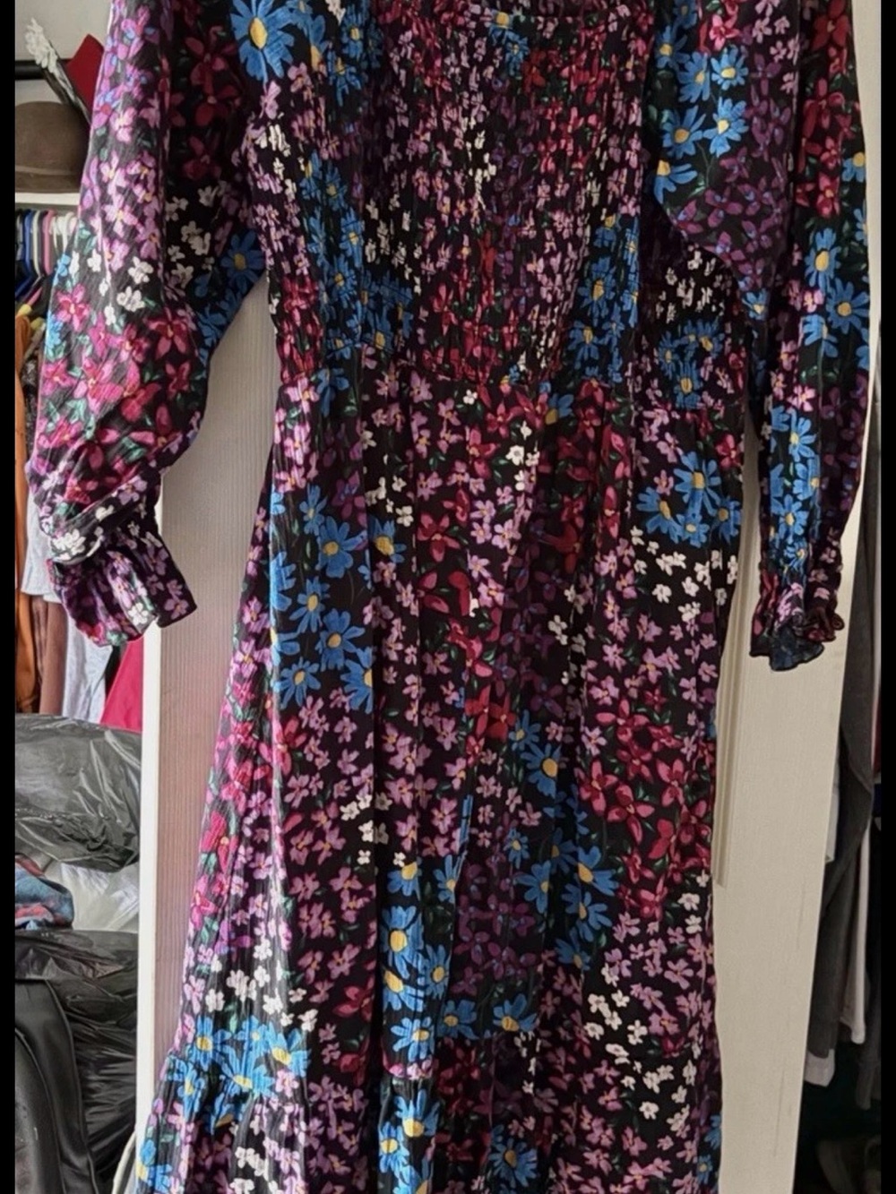 Black Floral Maxi Dress with Blue & Pink Blooms